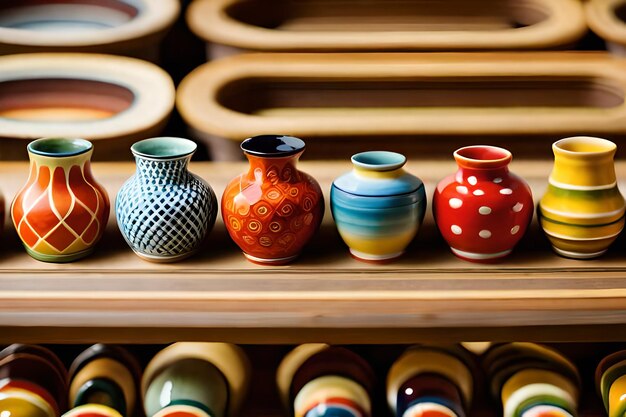 A row of colorful vases with one that has the number 8 on it