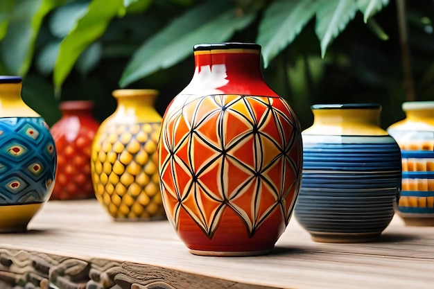 A row of colorful vases with a pattern of yellow, red, and orange.