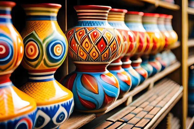 A row of colorful vases with the word