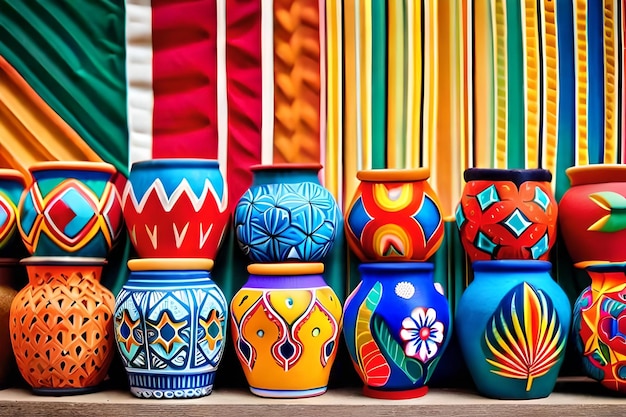 A row of colorful vases with the word