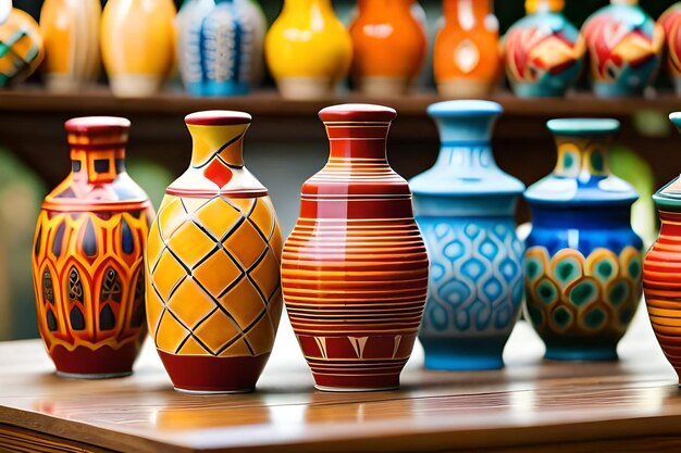 A row of colorful vases with the word