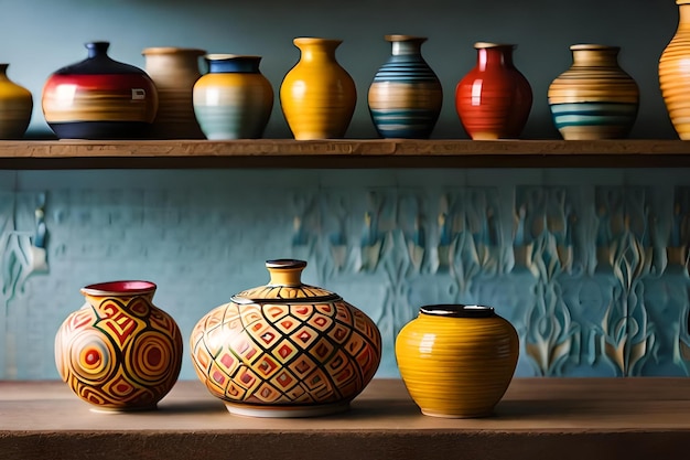 a row of colorful vases with the word " o " on the bottom.