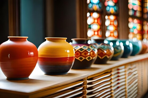 A row of colorful vases on a wooden shelf.