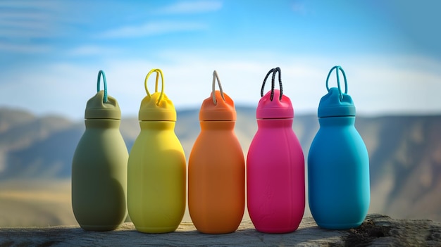 Photo a row of colorful water bottles are lined up on a wooden surface generative ai