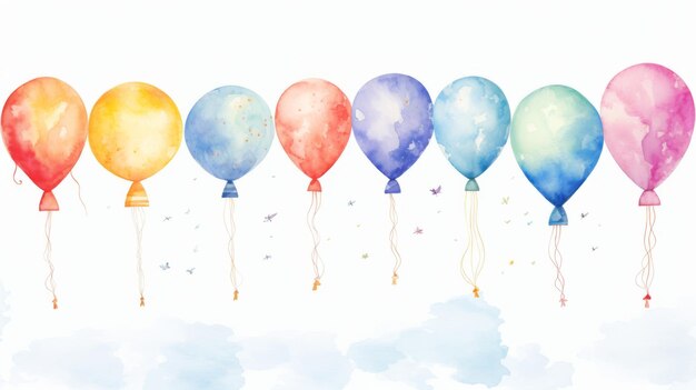 Photo a row of colorful watercolor balloons floating in the air