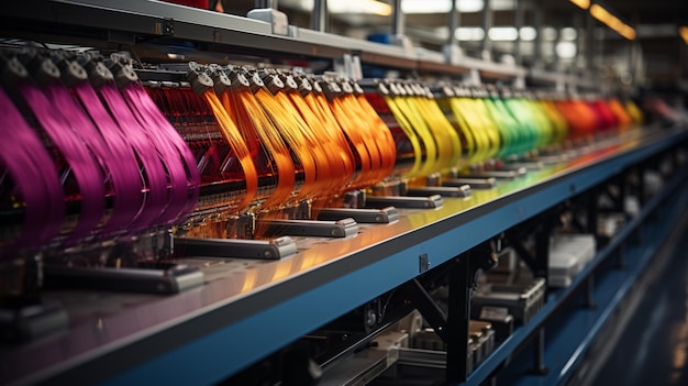 a row of colorful weaving machines in a large warehouse
