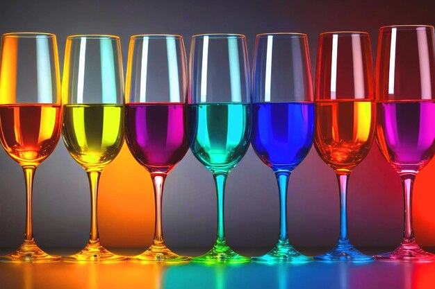 Foto una fila di bicchieri di vino colorati sullo sfondo