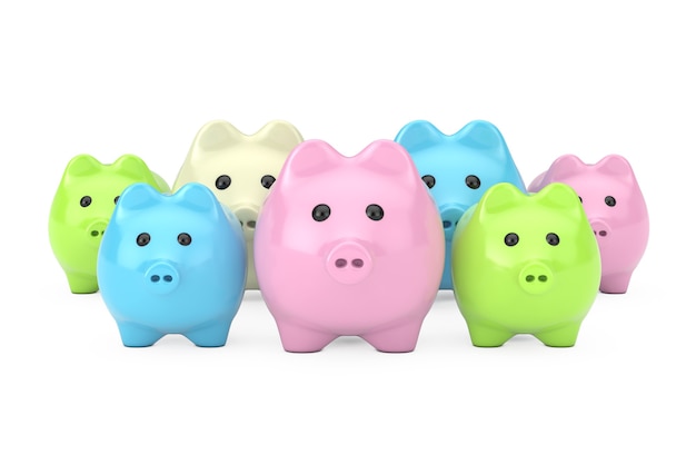 Row of Colourful Piggy Banks on a white background. 3d Rendering