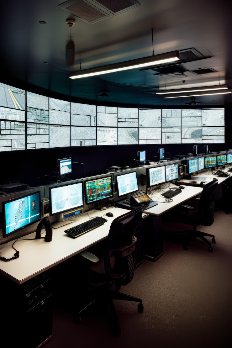 Photo row of computer monitors sitting on top of desk in room generative ai