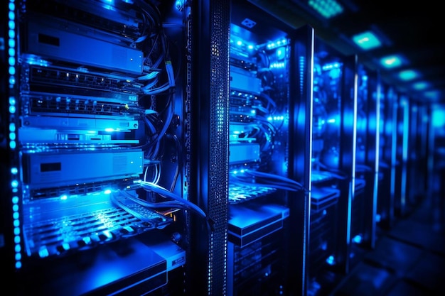 A row of computer parts with the blue light on the right