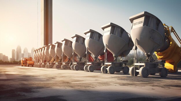 Row of concrete mixer trucks lined up at a construction site