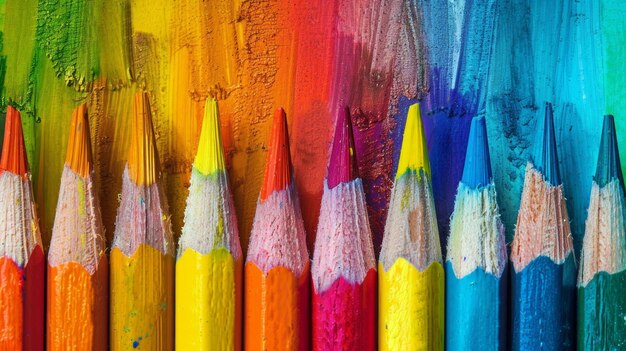 Foto una fila di pastelli di colori diversi su uno sfondo multicolore concept di ritorno a scuola