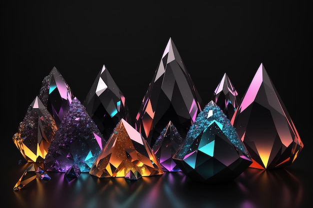 A row of crystals with different colors are displayed.