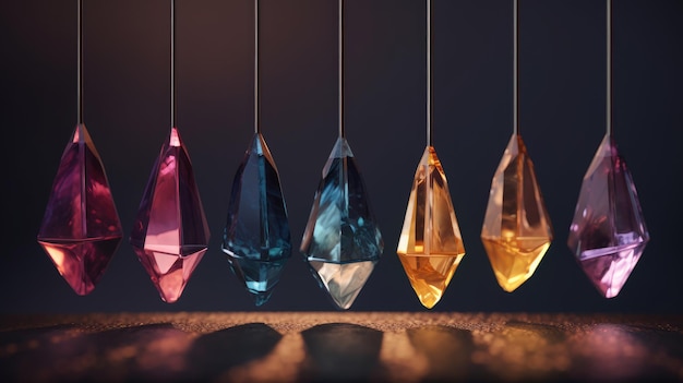 A row of crystals with different colors are shown.