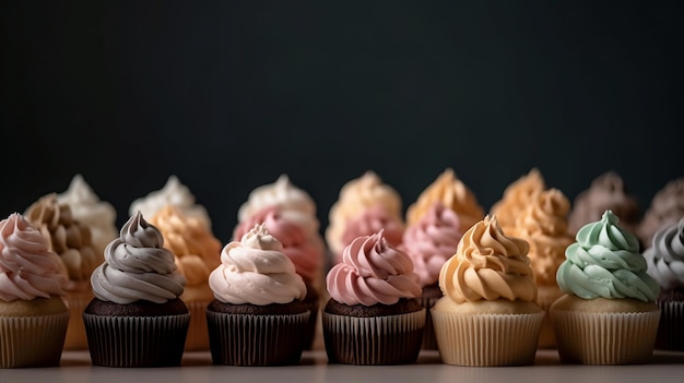 A row of cupcakes dessert with different flavors on them