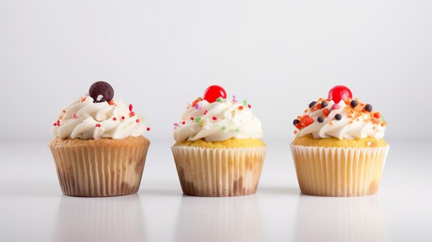 A row of cupcakes with a cherry on top