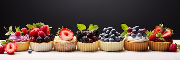 딸기와 블루베리를 곁들인 컵케이크 줄 디지털 이미지