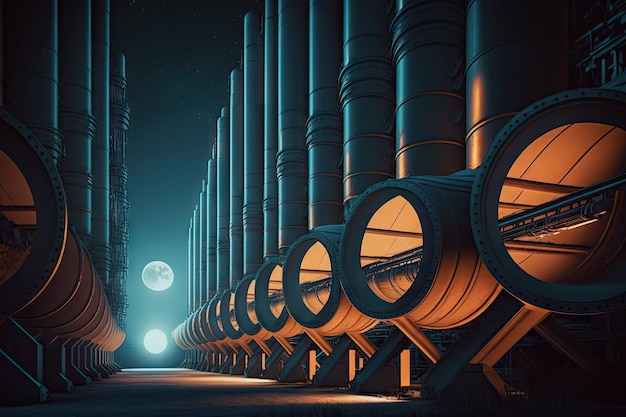 Ряд темных фабричных труб ночью в лучах лунного промышленного модерна