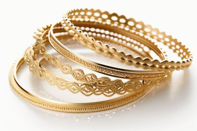 A row of delicate gold bracelets on white background created with generative ai