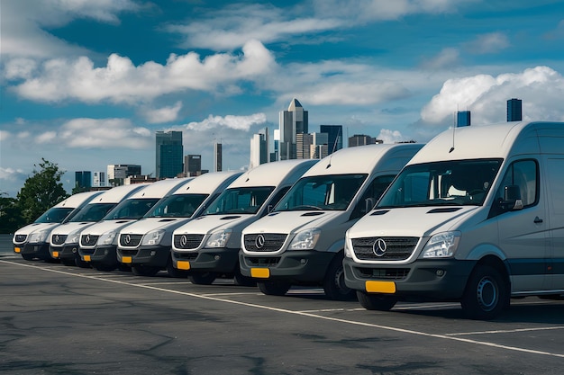 Рядок фургонов для доставки означает эффективную сеть грузовых перевозок