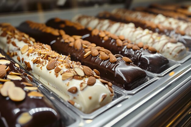 A row of desserts with nuts on top including coconut