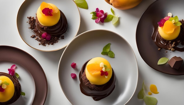 Photo a row of desserts with one of them has a small plate with chocolates on it