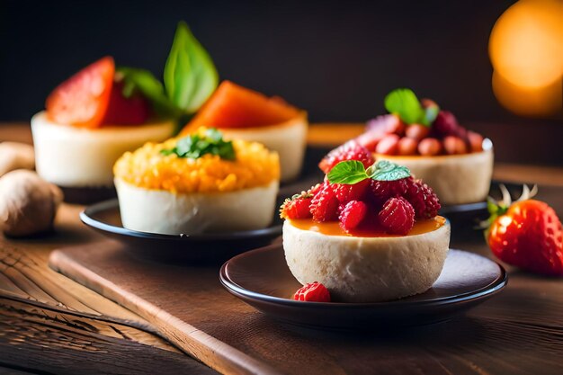 a row of desserts with raspberries and cream cheese