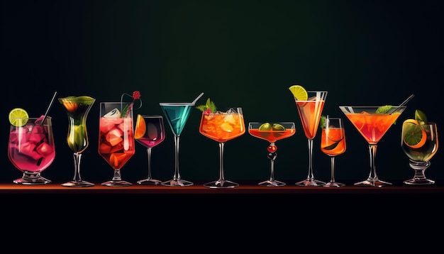 a row of different cocktails on a table