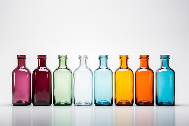 Photo a row of different colored bottles sitting on a table