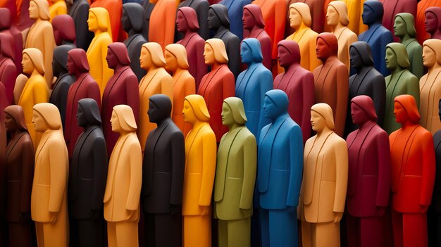 Photo a row of different colored figurines with one of them labeled with the word men