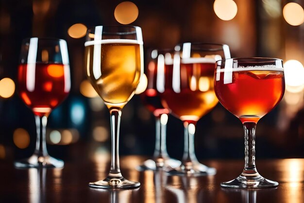 A row of different colored glasses of alcohol with different colors of different colors.