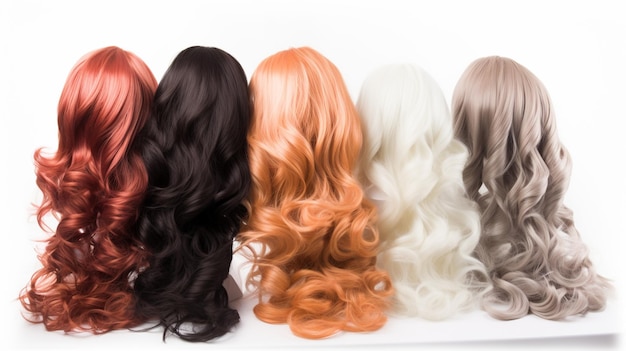A row of different colored hair extensions in different colors