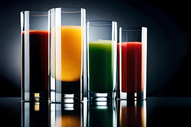 a row of different colored juices with different colors.