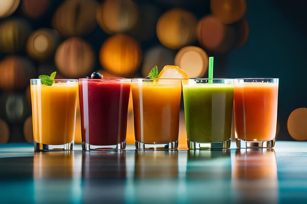 a row of different colored juices with a straw in the middle.