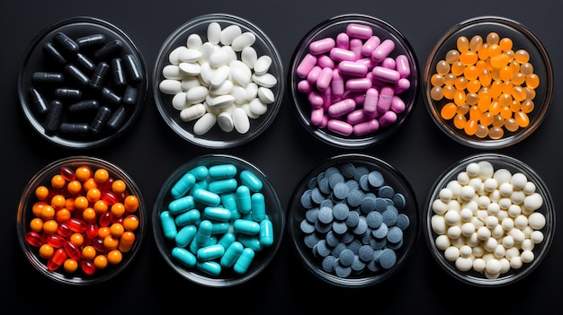 Ряд разноцветных таблеток в мисках на черном фоне