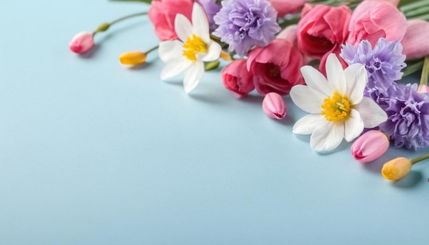 Row of different colorful fresh flowers on stems