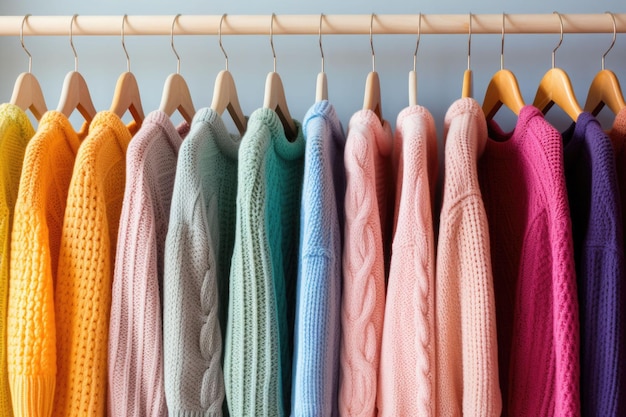 Row of different colorful knitted sweaters hang on hangers Generative AI illustration