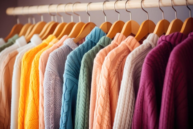Row of different colorful knitted sweaters hang on hangers Generative AI illustration