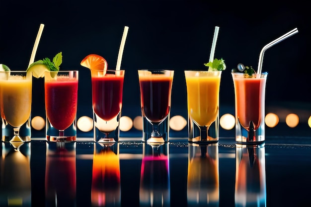 a row of different drinks with different flavors of fruit and veggies.