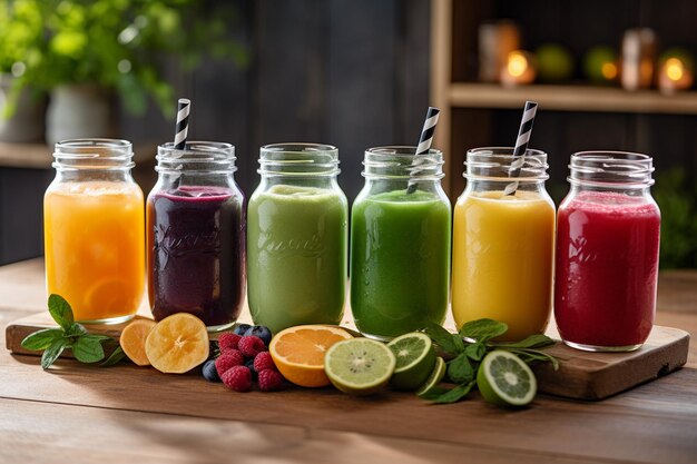 Photo a row of different juices on a table