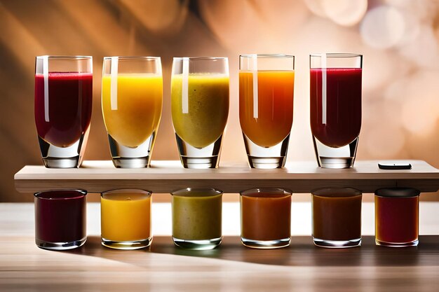 a row of different juices with different colors