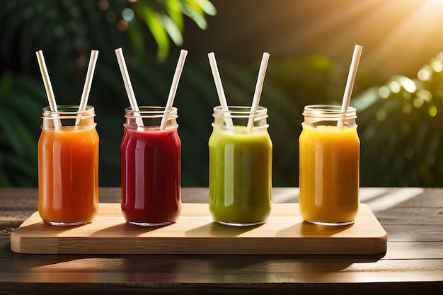 A row of different juices with straws in them