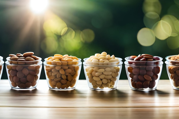 A row of different kinds of beans in small glass containers.