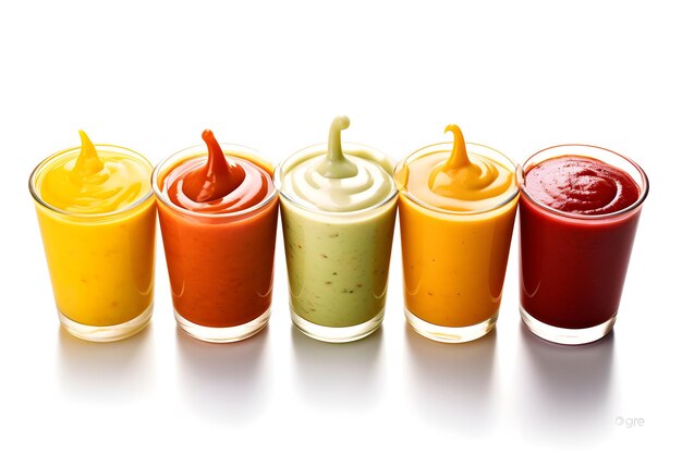 Photo a row of different sauces with one that says'ketchup'on it