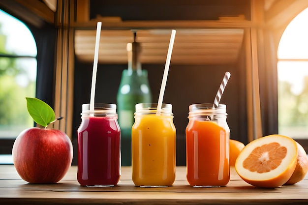 A row of different smoothies with a straw in them