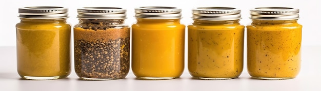 A row of different spices including mustard, mustard, and black pepper.