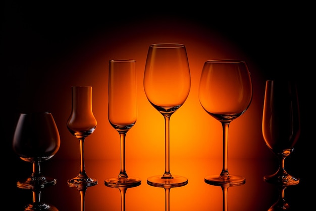 オレンジ色の夕日を背景に、さまざまなワイン、ウイスキー、グラッパ、シャンパン、ビアグラスの列。 5DマークIIIでスタジオで撮影。