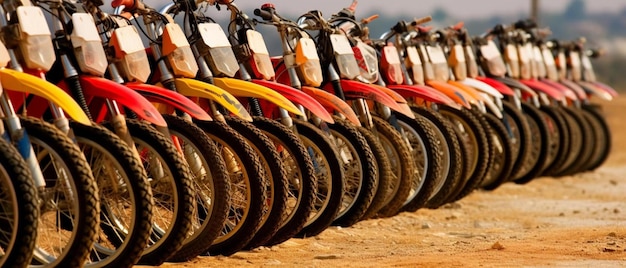 A row of dirt bikes parked on a dirt road