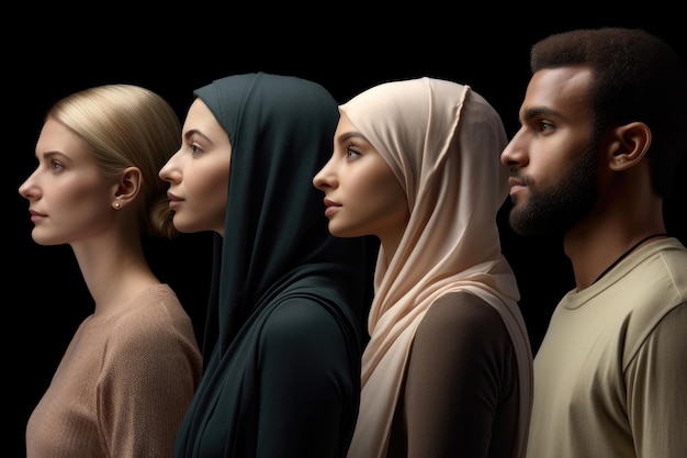 Photo a row of diverse individuals including a blond woman a blond man a woman with a hijab and a caucasian woman generative ai