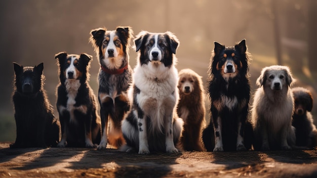 a row of dogs posing in a front view Several breeds and different sizes3